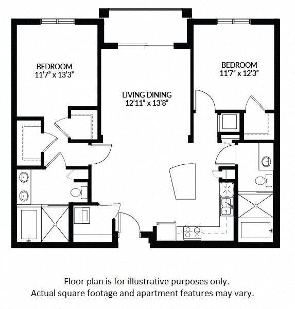 Floor plan for 2 beds, 2 baths, 1216 sqft
